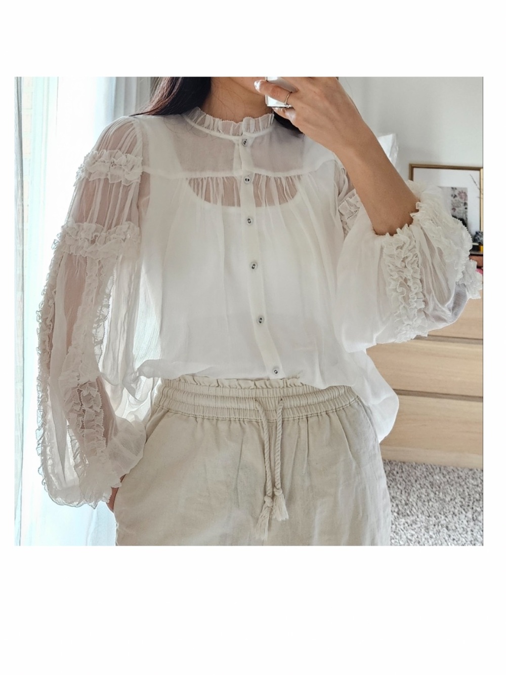 Ulla Johnson White Sheer Ruffle-Trim Button Blouse